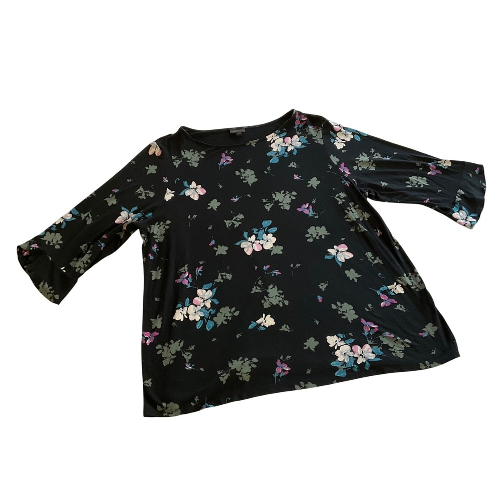 J. Jill Floral Knit Top Women 3X Black Wearever 3/4 Bell Sleeve Blouse